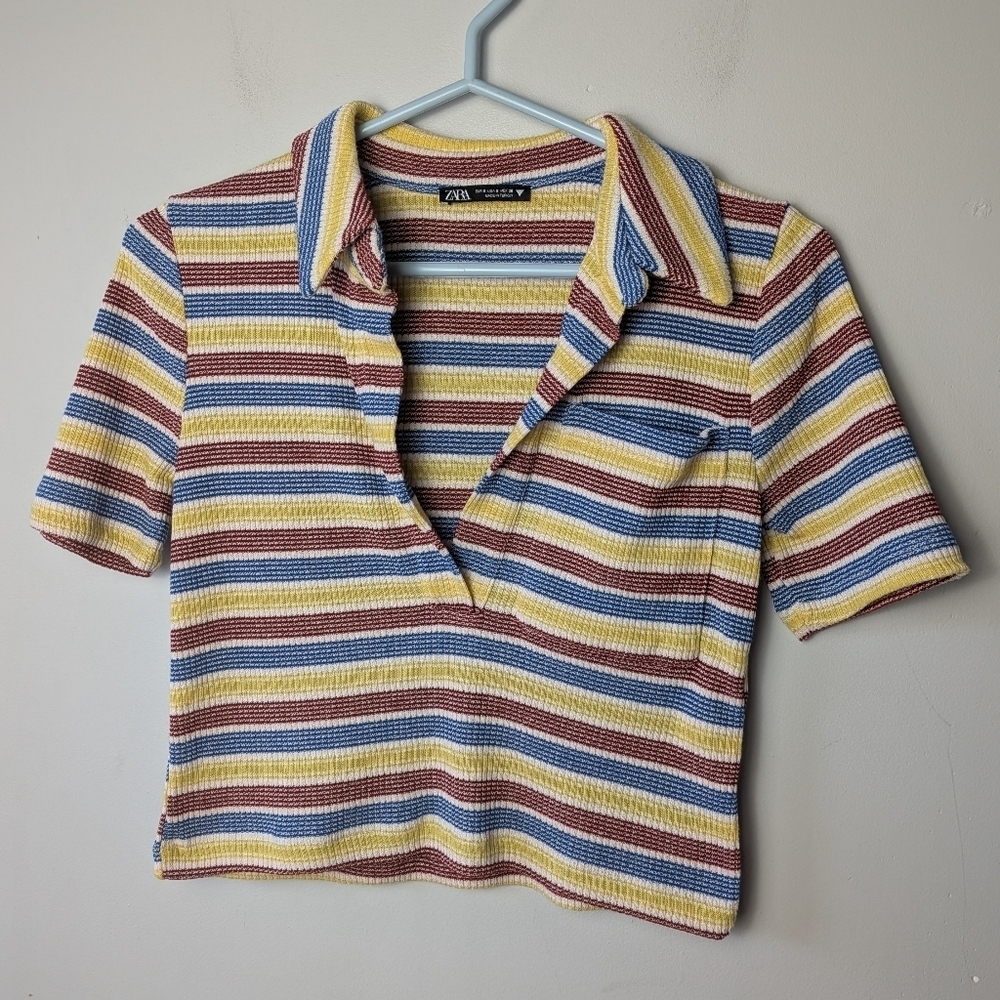 ZARA CROP Polo Shirt Women Short Sleeve Stripes Size S Colorful